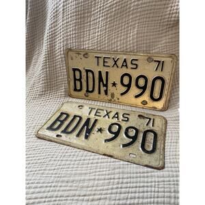 1971 Texas License Plates White Pair Rare Vintage Set Of 2 BDN990 Front & Back